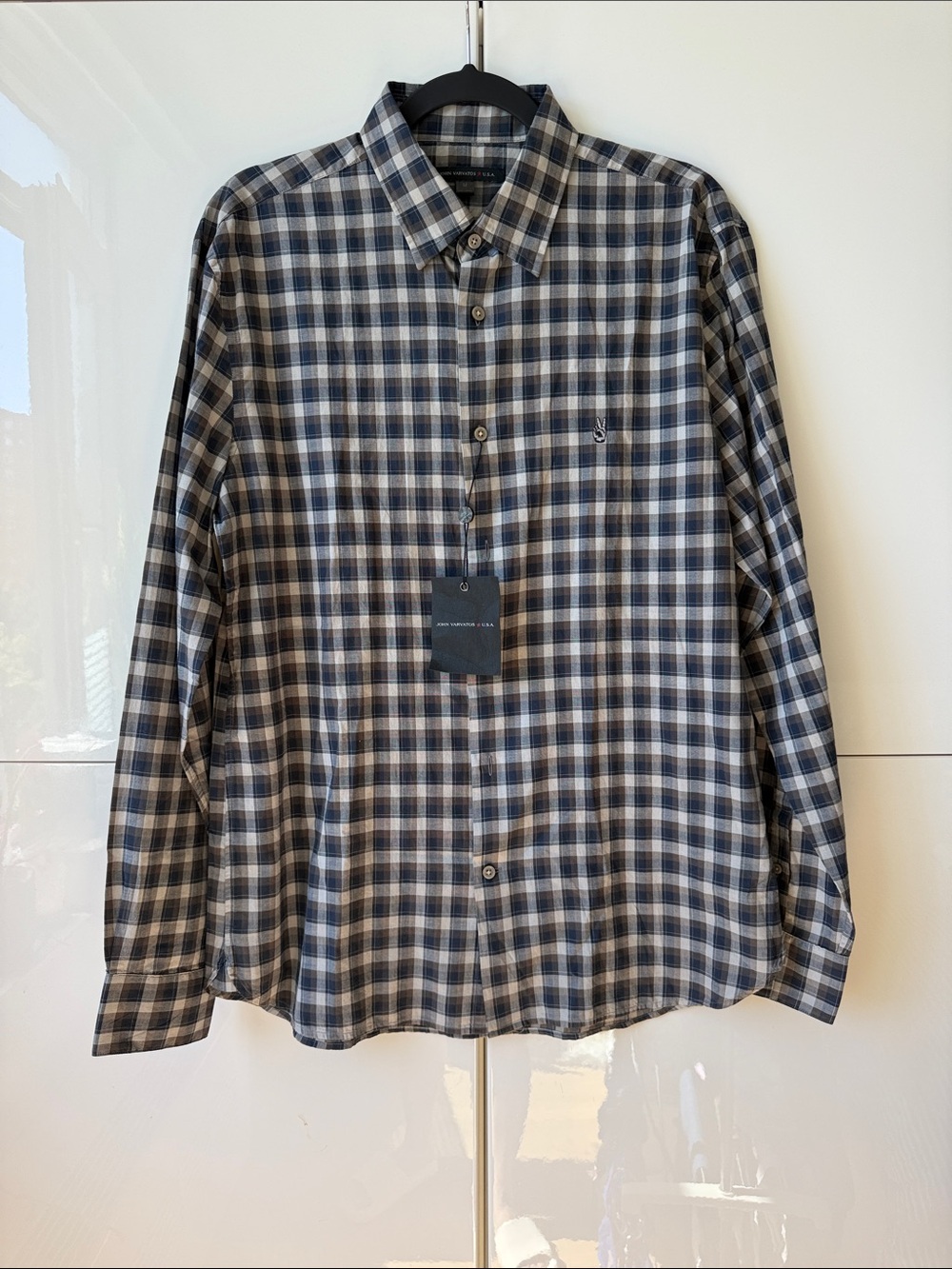 John Varvatos Navy and Gray Plaid Button-Down Shirt